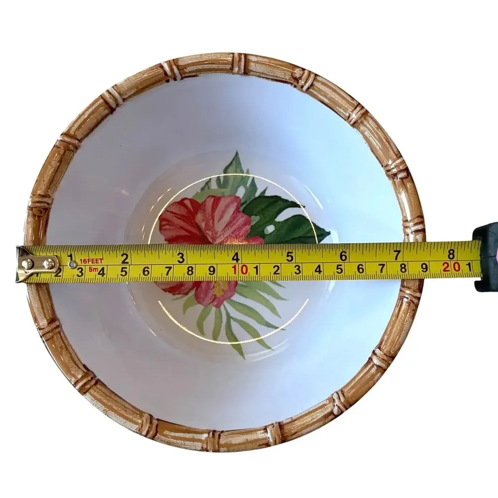 4pc Tropical Hibiscus Melamine Salad Bowls 7.5in Bamboo Rim Indoor Outdoor NEW